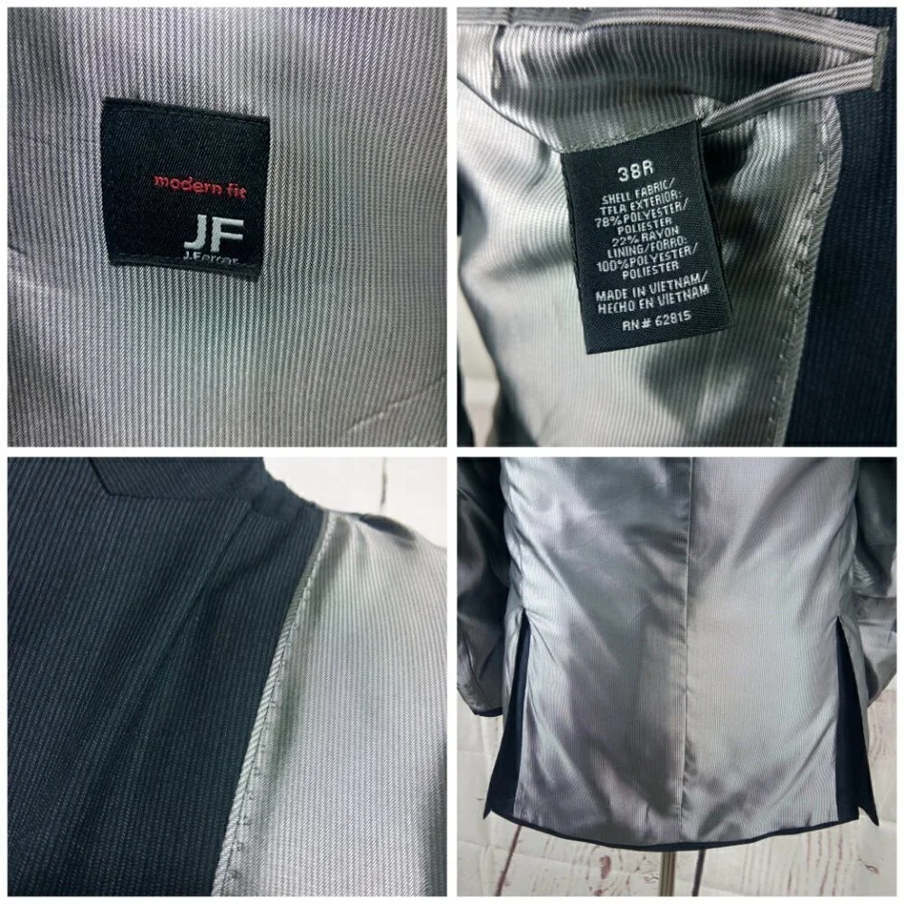 JF J. Ferrar Modern Fit 38R 2 Button Dark Gray Pinstripe Suit Blazer Sport Coat